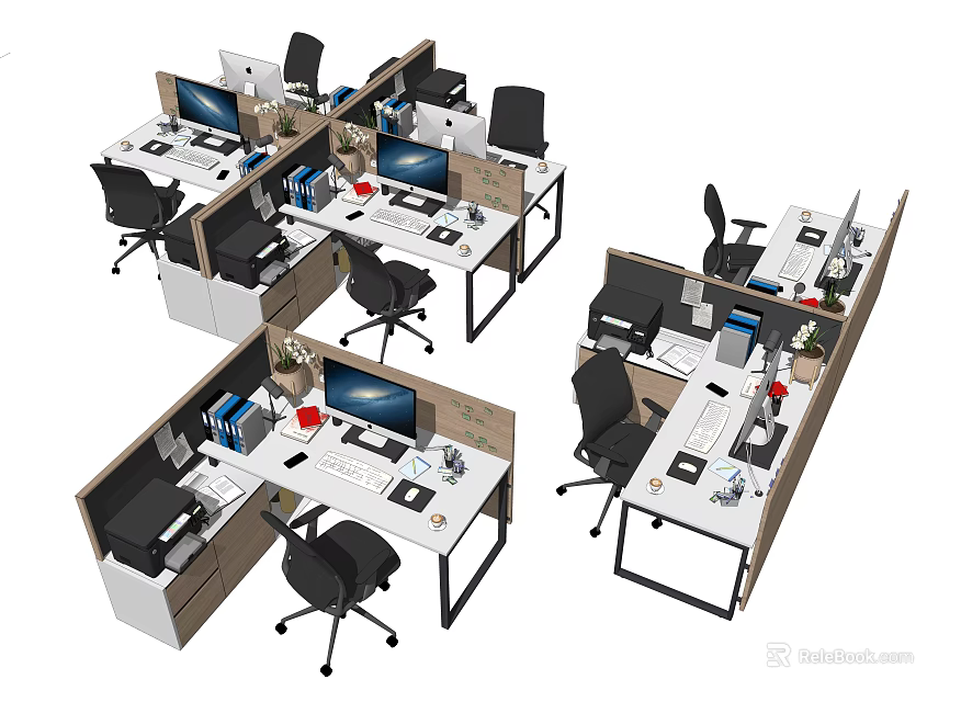 Modern Office Workspace With Multiple Desks Dividers Computers And Ergonomic Chairs 3d model