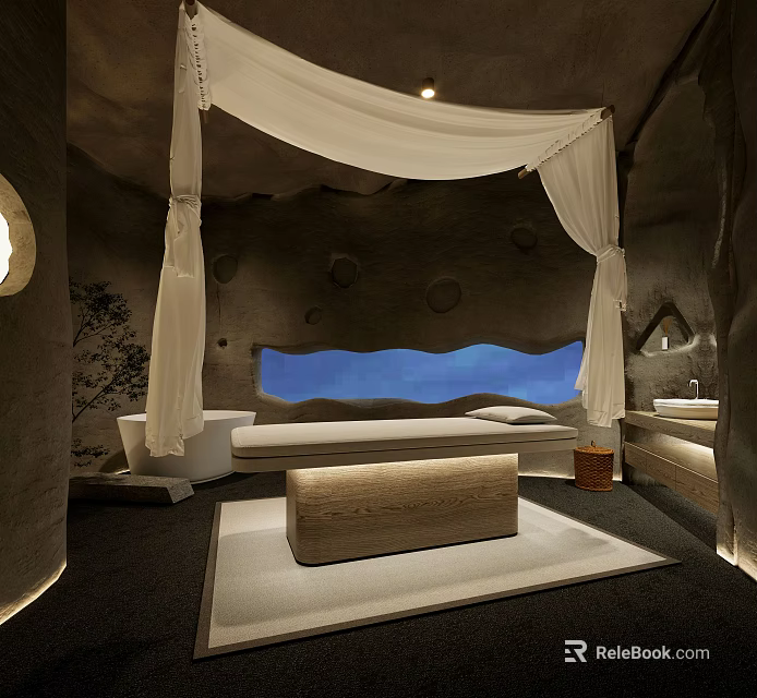 SPA Sauna Interior Design With Stone Walls White Canopy Bed Bathtub And Wooden Bench 3d model 