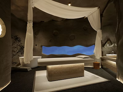 SPA Sauna Interior Design With Stone Walls White Canopy Bed Bathtub And Wooden Bench 3d model