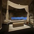 SPA Sauna Interior Design With Stone Walls White Canopy Bed Bathtub And Wooden Bench