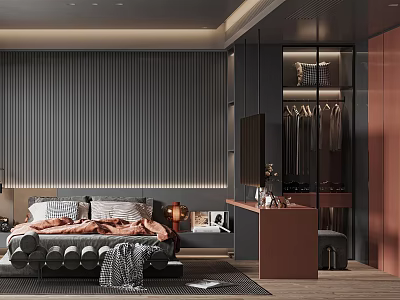 Elegant Modern Bedroom Interior With Gray Striped Wall Bed Wardrobe Dressing Table And Warm Lighting 3d model