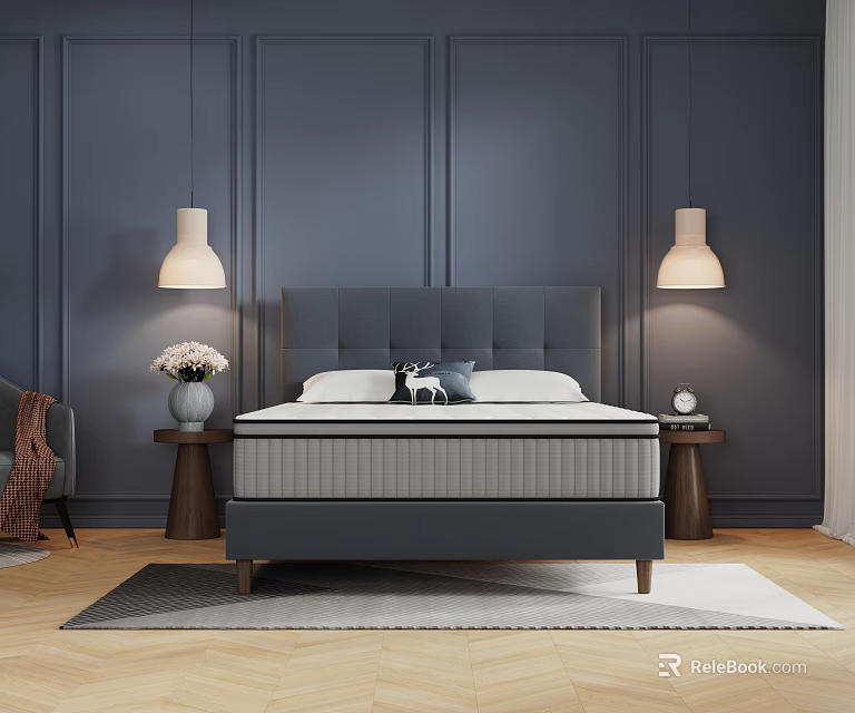 Double Bed With Gray Headboard Dark Blue Walls Pendant Lights Nightstands Flowers Rug Wooden Floor 3d model 