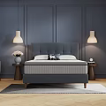 Double Bed With Gray Headboard Dark Blue Walls Pendant Lights Nightstands Flowers Rug Wooden Floor