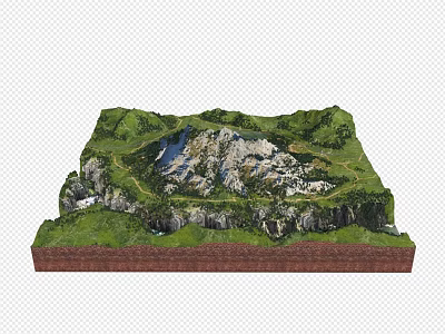 Realistic Terrain Model Featuring Mountain Landform Green Vegetation Path And Water Body 3d model