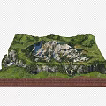 Realistic Terrain Model Featuring Mountain Landform Green Vegetation Path And Water Body