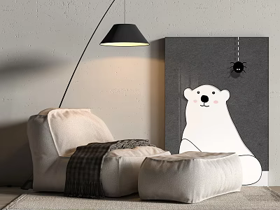 Modern Beige Lazy Sofa With Ottoman Blanket Floor Lamp And White Bear Wall Art 3d model
