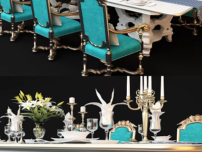 Elegant Classic Dining Table Set With Blue Chairs Gold Accents Flower Vase And Candle Holders 3d model