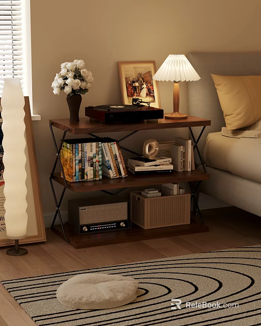 Wooden Living Shelf With Metal Frame Holding Books Vinyl Record Player Lamp And Decor 3d model 