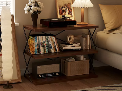 Wooden Living Shelf With Metal Frame Holding Books Vinyl Record Player Lamp And Decor 3d model