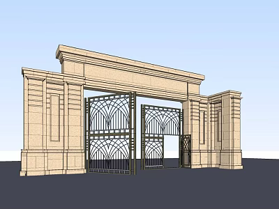 Classic Entrance Gate Design With Stone Pillars And Decorative Wrought Iron Details 3d model