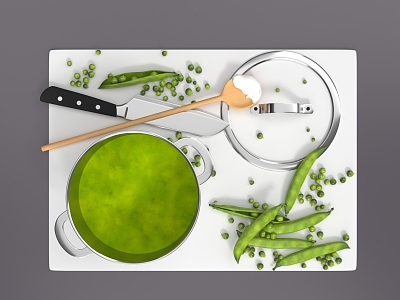 Kitchen Food Pot Chopper Broad Beans Pot Lid Spoon Salt Wooden Spoon Soup 3d model