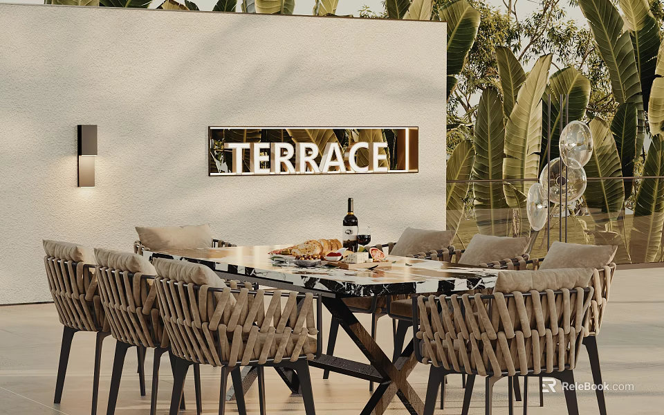 Outdoor Terrace Dining Table Set With Woven Chairs And Green Plants 3d model 