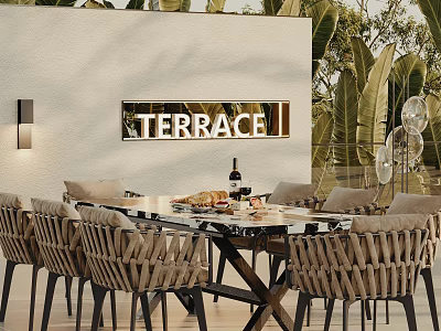 Outdoor Terrace Dining Table Set With Woven Chairs And Green Plants 3d model