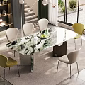 Modern Dining Table Set With Marble Patterned Top Beige Green Chairs And Fruit Decoration