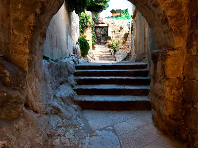 Scenic Stone Alleyway With Steps Archway Lush Greenery And Old Buildings 3d model