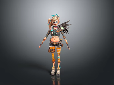 Stylish Punk Character With Colorful Hair Face Paint Decorative Outfit Armor And Wing Accessory 3d model