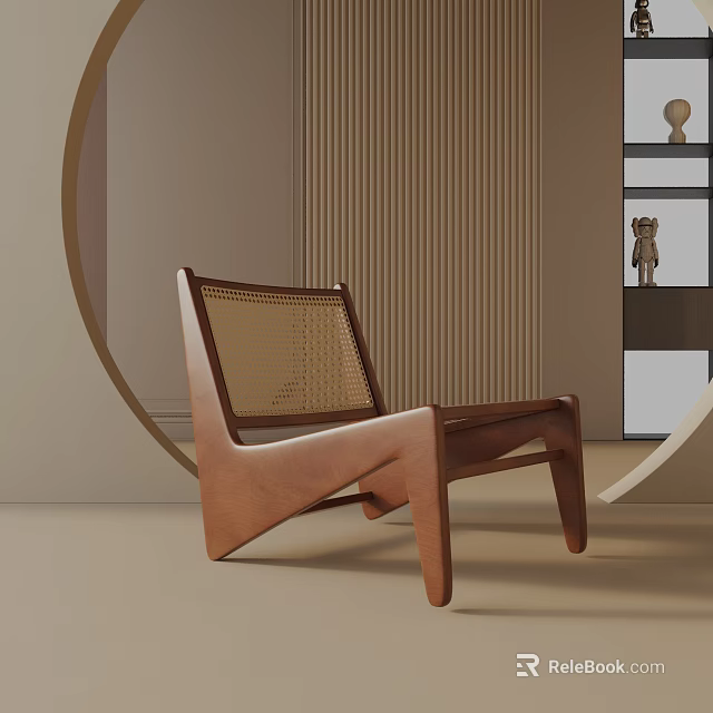 Modern Leisure Chair With Brown Wooden Frame And Wicker Back In Minimalist Neutral Interior 3d model 