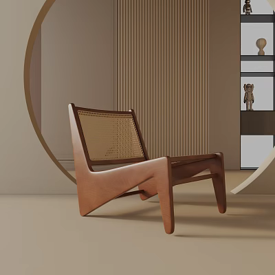 Modern Leisure Chair With Brown Wooden Frame And Wicker Back In Minimalist Neutral Interior 3d model