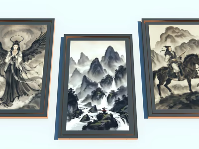 Traditional Chinese Ink Landscape Painting With Mountains Waterfall And Human Figures 3d model