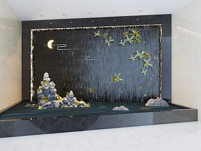 Stylish Garden Ornament with Black Background Wall Moon Stars Plants Rockery and Water Pool 3d model
