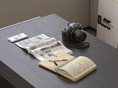 Open Magazine And Notebook With Handwritten Notes Pen Mobile Phone And Camera On Desktop Table 3d model