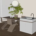 Modern Dining Table Set with Round Pendant Light Green Plant and White Cabinet