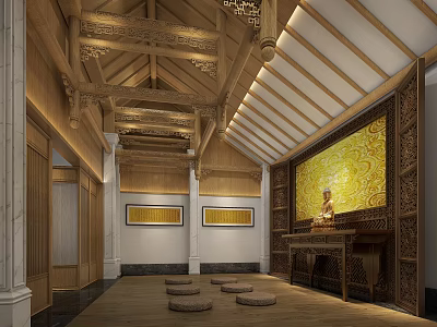 Buddhist Religious Worship Hall With Golden Wall Buddha Statue Wooden Beams And Cushions 3d model