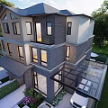 Modern Two Story Detached House Exterior With Large Windows Green Courtyard And Glass Roof