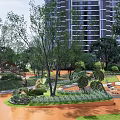 Children's Play Area with Trees and Lawn Slide and Circular Play Space on Paved Surface