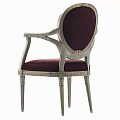 Burgundy Velvet Upholstered Dining Chair With White Carved Wooden Frame And Armrests