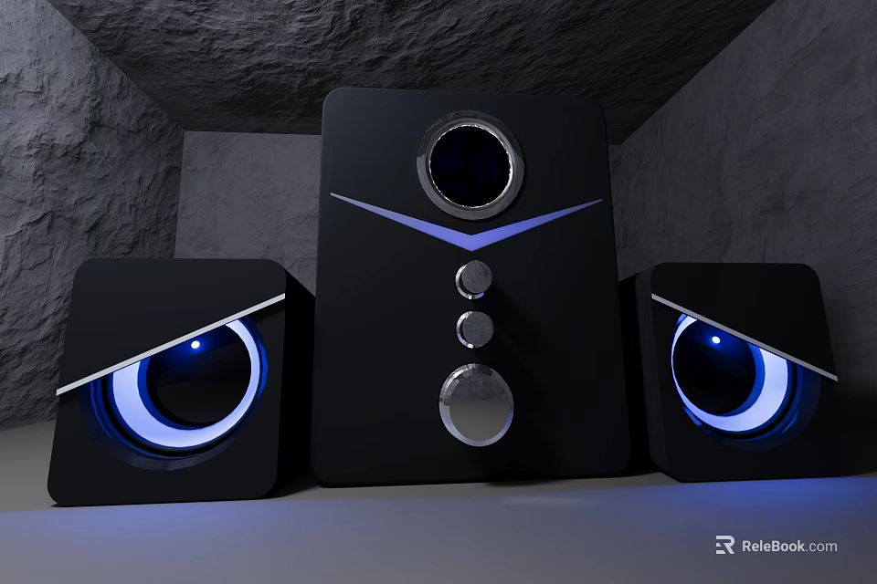 Black Speaker System Featuring Main Unit And Side Speakers With Blue Lighting Gray Background 3d model 
