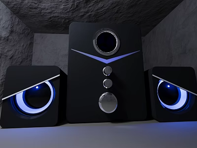 Black Speaker System Featuring Main Unit And Side Speakers With Blue Lighting Gray Background 3d model