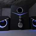 Black Speaker System Featuring Main Unit And Side Speakers With Blue Lighting Gray Background 3d model