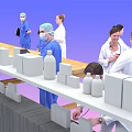 Man as Medical Professional With Team in White Coats And Blue Scrubs Around Long Table