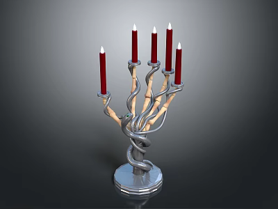 Artistic Sculpture Carving Candelabra With Silver Metal Twisted Design And Red Candles 3d model