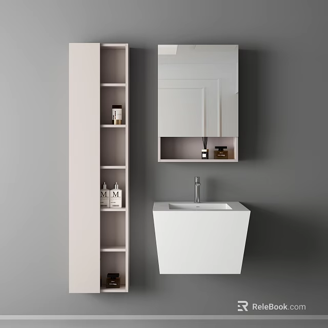 Modern Minimalist Bathroom Washbasin With Light Pink Shelf Mirror And Skincare Products On Gray Wall 3d model 