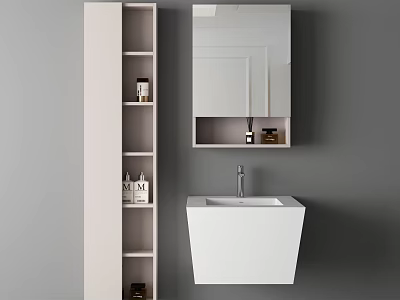 Modern Minimalist Bathroom Washbasin With Light Pink Shelf Mirror And Skincare Products On Gray Wall 3d model