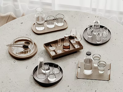 Different Drinking Glasses Arranged On Various Trays With Bottles Spoons On Light Colored Table 3d model
