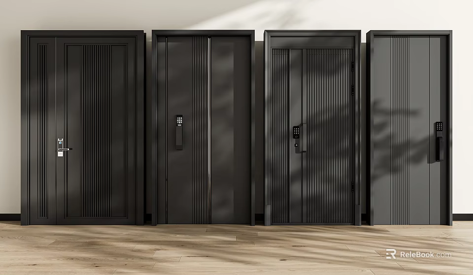 Modern Black Interior Doors With Vertical Stripes And Different Handle Designs 3d model