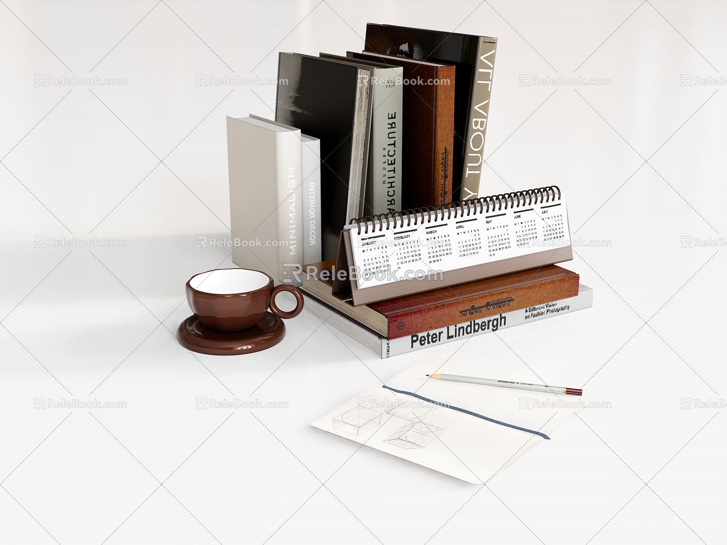 Books Books Coffee Cup Pencil Notebook Calendar 3d model