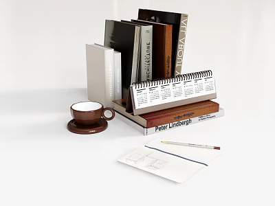 Colorful Books On Desktop Shelf With Calendar Coffee Cup And Stationery 3d model