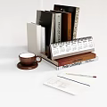 Colorful Books On Desktop Shelf With Calendar Coffee Cup And Stationery