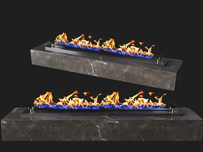 Two Modern Linear Fireplaces with Realistic Flames and Black Marble Bases 3d model