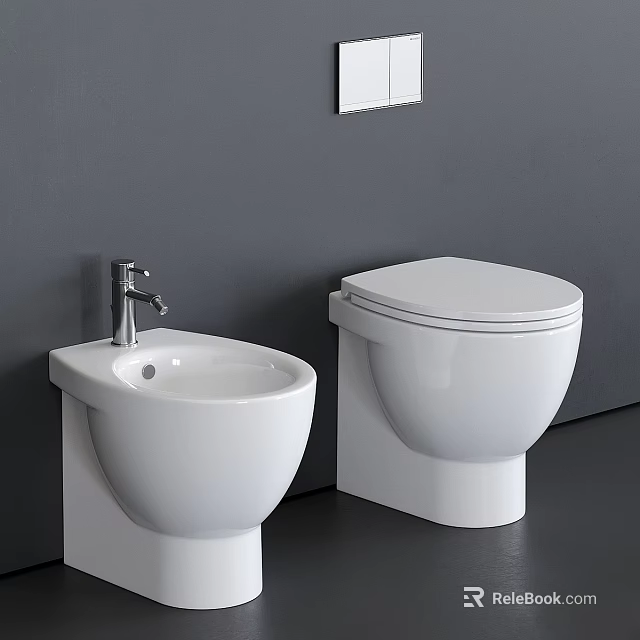 Modern White Toilet With Adjacent Washbasin Against Grey Wall And Dark Floor 3d model 