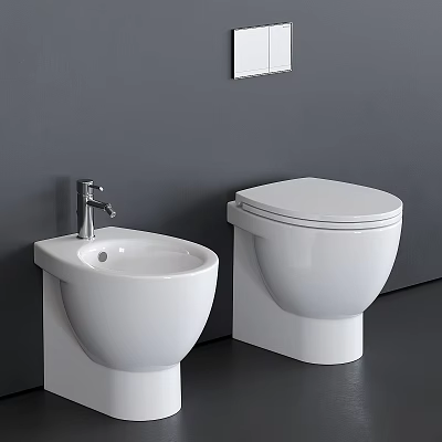 Modern White Toilet With Adjacent Washbasin Against Grey Wall And Dark Floor 3d model