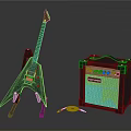 Electric Guitar on Stand with Amplifier and Cable for Musical Instrument Setup