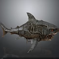 Mechanical Shark Sculpture With Steampunk Metal Gears Red Eyes And Open Mouth