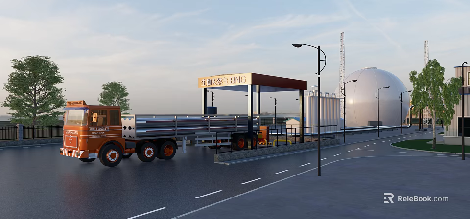 Green Source Gas Station With Refueling Truck Storage Tanks And Street Lamps 3d model 