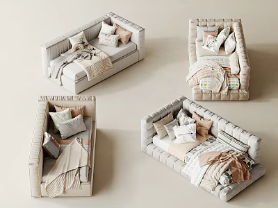 Cozy Upholstered Children's Bed With Soft Pillows And Blankets In Neutral Tones 3d model