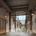 Spacious Traditional Chinese Elevator Hallway with Wooden Ceiling Lantern Lights Glass Doors and Green Plants